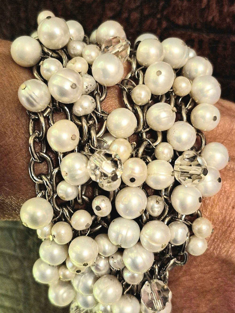 Multi-Strand Bracelet, Faux Pearls+crystals